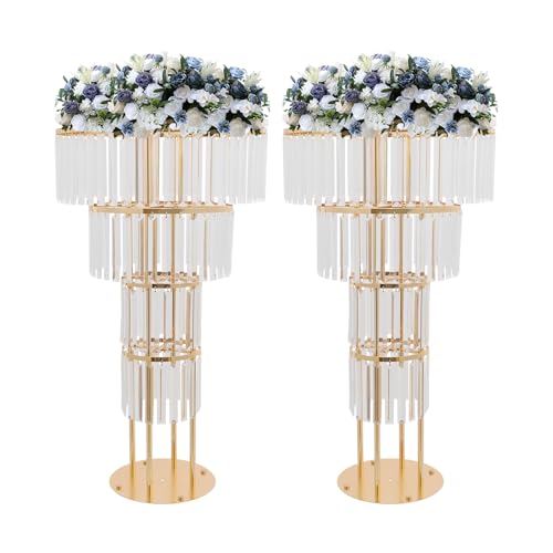2Pcs 4 Tiers Wedding Centerpieces Vase, 35.43" Tall Wedding Centerpieces Crystal Flower Stand, 5-Tier Crystal Vase with 11" Round Base for Party Event Home Decoration (Gold) - color: 4 Tiers+ Gold+ Round Base