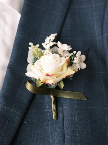 White Rose Wrist Corsage and Boutonniere Set with Ribbon Ties Wedding Prom Formal Accessories (Champagne Colored Ribbon) - color: Champagne Colored Ribbon