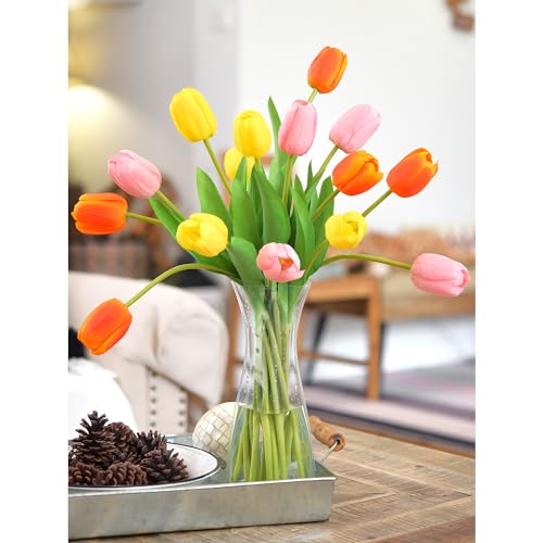 FiveSeasonStuff Real Touch Long Stem Tulips – 15 Artificial Flowers with Foldable Vase (Orange, Yellow, Pink) for Home Décor, Weddings, and Gifts (Festive Blooms) - color: Festive Bloom Long Stems With Vase
