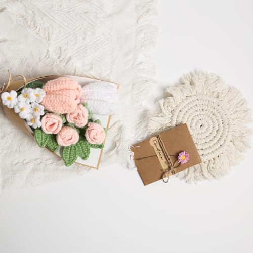 Crochet Flower Bouquet, Handmade Knitted Tulip Faux Crochet Flowers for Home Decor Valentine’s Day Anniversary Weddings Birthdays Mother’s Day, Includes Gift Bag and Greeting Card(Mini Pink) - color: Mini Pink
