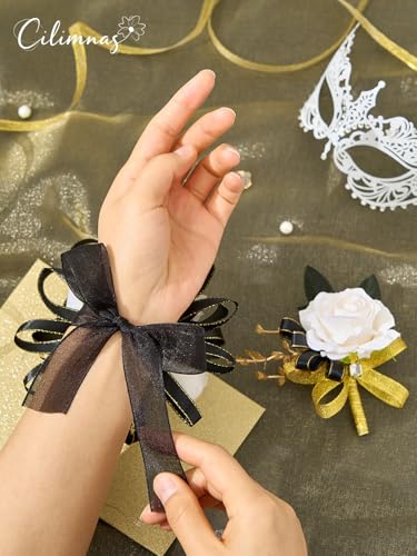 Prom Corsage and Boutonniere Set Champagne,Artificial Silk Rose Wrist Corsage for Homecoming, Formal Dance Party, Wedding,Graduation,Anniversary - color: Champagne