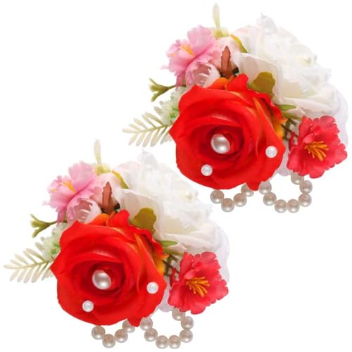 Wrist Corsage and Boutonniere Set, Artificial Rose Corsage Wristlet and Boutonniere for Wedding Prom Party (Red-White, 2pcs Wrist Corsage) - color: Red-white, 2pcs Wrist Corsage