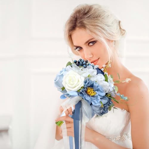 9 Inch Dusty Blue White Wedding Bouquets for Bride Bridesmaid, Artificial Fake Roses Flowers Navy Blue White Bridal Bouquet Fall Boho Vintage Rustic Wedding Decoration Prom Toss Bouquet - color: Dusty Blue White