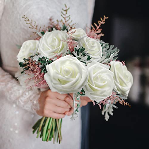 50 Pcs Artificial Foam Rose Flower Faux Bouquet Wedding Fake Rose Gift for Mother's Day Women DIY Bridal Shower Party Table Birthday Home Spring Decor (Ivory) - color: Grey