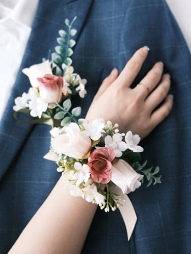 White Rose Wrist Corsage and Boutonniere Set with Ribbon Ties Wedding Prom Formal Accessories (Multicolor) - color: Multi Color