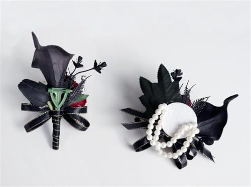 Black Burgundy Corsage and Boutonniere Set Artificial Calla Lily Rose Flower Wrist Corsage for Girl Mother Bride Bridesmaid Boutonniere for Best Men Groom Groomsmen for Wedding Party Homecoming Prom - color: Black Burgundy Corsage and Boutonniere