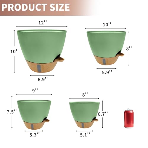 12"/10"/9"/8" Self Watering Pots with Visual Water Window,Extra Large Self Watering Plant Pots with Drainage Holes & Saucers,Green Planters for Indoor Plants,4-Pack - color: Green