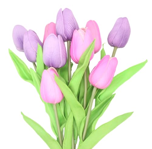Artificial Flowers 10 Heads Mini Real Touch Artificial Tulip for Home Wedding Party Centerpiece Decoration (Mixed Purple) - color: Mixed Purple