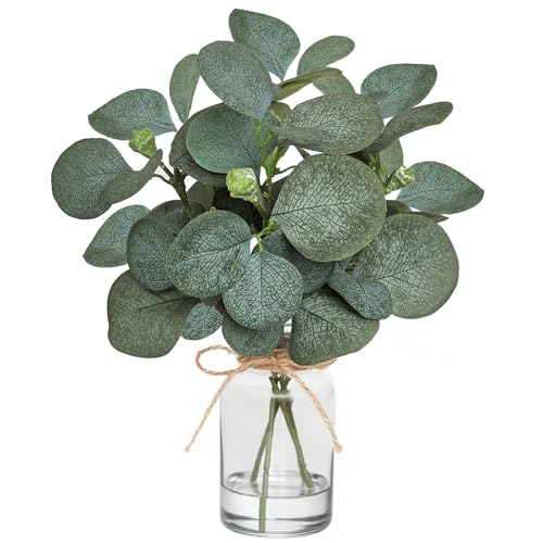 12" Fake Eucalyptus Stems in Vase with Faux Water,Artificial Plants Leaves for Shelf Desk Bathroom Farmhouse Room Coffee Table Home Decor (Eucalyptus-Fruit) - color: Eucalyptus-fruit
