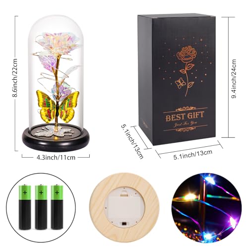 Gifts for Mom Birthday Gifts for Women Colorful Rose Eternal Flower Light Up Rose in Glass Dome with Butterfly, Galaxy Crystal Flowers Gifts for Grandma Wife Daughter Her Delivery Prime - color: Colorful