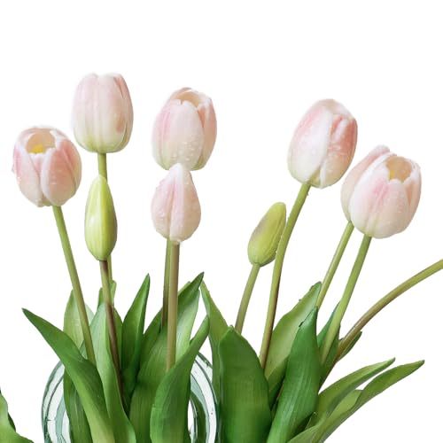 DUYONE 15Pcs Artificial Tulips Flowers, Soft Touch Realistic Latex Tulips Bouquet for Home Office Wedding Party Garden Decor, Fake Flowers for Dining Table Living Room Spring-B Powder Pink - color: B Style-15pcs Powder Pink(no Vase)