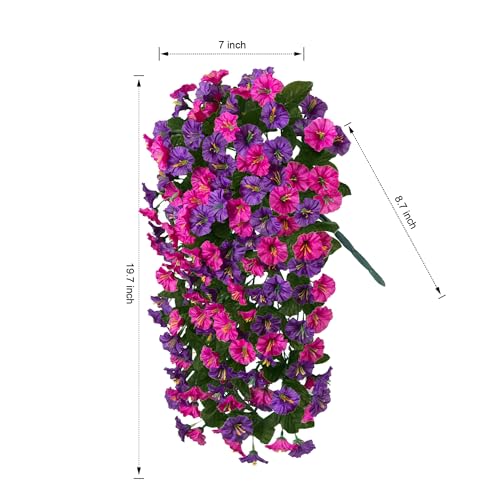 HyeFlora Artificial Fake Hanging Flowers Plants for Outdoor Outside, 2PCS Faux Silk Morning Glory Trailing Vines UV Resistant Look Real for Home Planter Porch Patio (Dark Purple and Fuchsia) - color: Dark Purple and Fuchsia 2