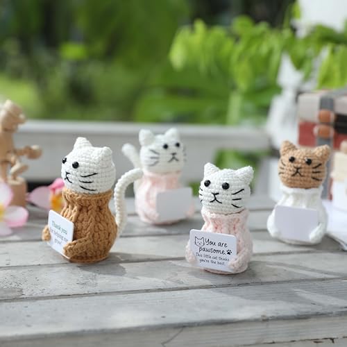 YOOJEE Positive Crochet Animals Cat – “You are Pawsome” Valentines Day Gifts for Him Her Boyfriend Girlfriend Women Teens, Emotional Support & Cheer Up Present, Teacher Appreciation, Birthday Gift - color: Cat-white-awesome