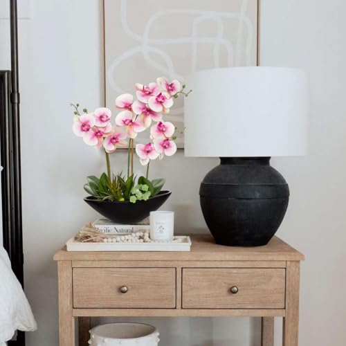 Briful Pink Orchid Fake Flowers 17in Artificial Orchid Silk Flowers in Black Pot Faux Orchid Arrangement for Home Office Bathroom Table Centerpiece Modern Decor - color: Pink Black