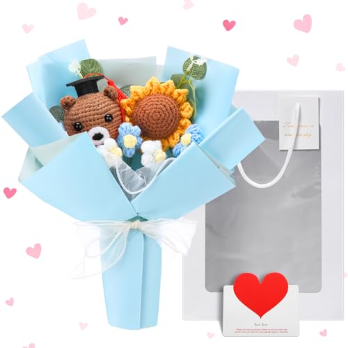 Graduation Crochet Flower Bouquet Set Includes Knitted Bear Knitted Sunflower Daisy Eucalyptus Greeting Card Gift Bag 2026 Blue Flower Bouquet Graduation Gift - color: Blue, style: Knitted Bear and Sunflowers
