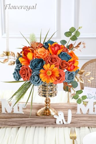 Floweroyal Artificial Flowers Combo Orange Flowers Mix Silk Flowers Fake Roses with Stems for DIY Wedding Bridal Bouquets, Baby Shower, Floral Arrangement, Table Centerpieces, Home Decorations - color: Peacock Blue & Orange