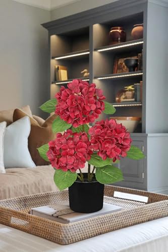 Hollyone Red Hydrangea Artificial Flowers Plant Potted 19.7" Faux Silk Burgundy Hydrangea Fall Flower Tree Arrangements for Home Bathroom Office Table Centerpiece Shelf Decorations - color: Red, size: 3 Head Hydrangea