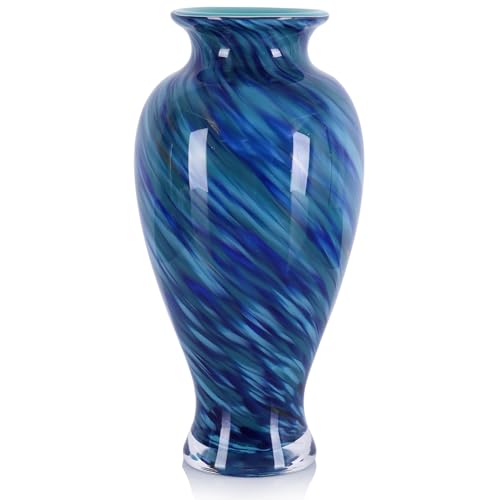 11.8" Tall Blue Hand Blown Glass Vase, Wide Mouth Art Glass Vase for Coastal Home Decor Centerpiece, Decorative Flower Vase for Living Room, Dining Table, Shelf Mantel, Entryway (Ocean Blue) - color: Ocean Blue