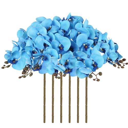 38 Inch Blue Orchids Artificial Flowers 6 PCS Fake Orchids Velvet Silk Orchids Faux Orchid Flowers Long Stem Artificial Flowers for Tall Vase for Home Wedding Decoration(Cyan Blue) - color: Cyan Blue