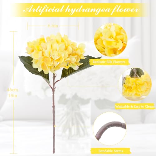 6PCS Realistic Artificial Silk Hydrangea Flowers, Premium Fake Hydrangea Flowers Bouquet with Stems, Full Faux Hydrangea Blooms for Home Wedding Table Party Office Decorations(Yellow) - color: Yellow