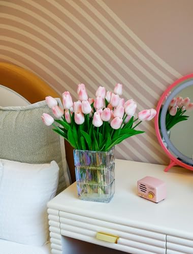 36 Pcs Tulips Artificial Flowers, 13 Inches Real Touch PU Fake Tulips for Wedding Bouquets, Home Decor - color: Light Pink