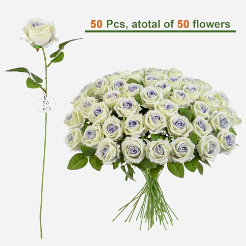Artificial Flowers Roses Touch Fake Rose Bouquet Flower Stem for Wedding Centerpieces DIY Wreath Home Decorations Silk Roses Mothers Party Fake Outdoor Flowers Decor (Purple Heart 50PCS) - color: Purple Heart 50pcs
