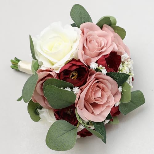 11 Inch Dusty Pink & Burgundy Silk Rose & Peony Bridesmaid Bouquets - Realistic & Easy to Arrange - Wedding Decorations - color: Dusty Pink & Burgundy