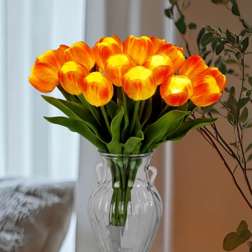 HOMESEASONS 20 Stems LED Lighted Artificial Flowers Tulip Lamp Real Touch Tulips Faux Flower Lights for Valentine's Day and Easter Home Kitchen Wedding Dining Table Decor(Orange) - color: Orange