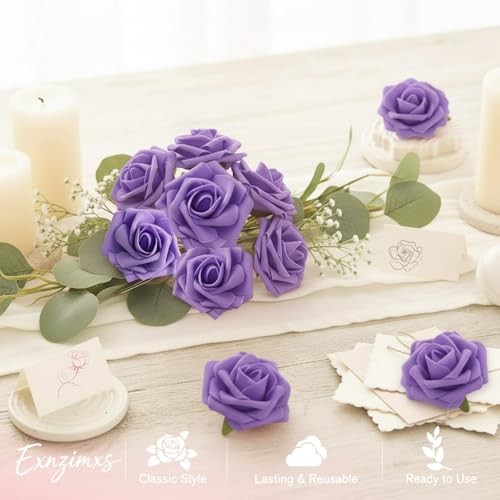 25Pcs Roses Artificial Flowers, Lavender Fake Roses for Decorations Floral Arrangement, Purple Foam Fake Flowers with Stem for DIY Wedding Bouquet Bridal Shower Mothers Day Party Home Decor - color: Purple