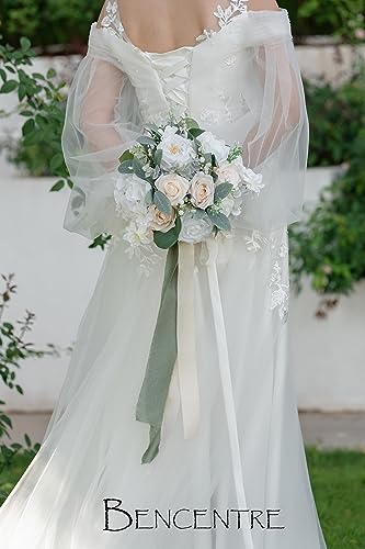 10 Inch White Bridal Bouquet,Wedding Bouquet,Bride Bouquets for Wedding Ceremony Anniversary, Party and French Rustic Vintage Wedding,Artificial Flowers - color: White&greenery