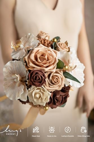 Ling's moment Artificial Bridesmaid Bouquets Set of 4,Brown Wedding Flower Bouquets Beige Floral Bouquet Bridal Bouquets with Ribbon Ceremony Anniversary,7-inch Diameter - color: Walnut Brown