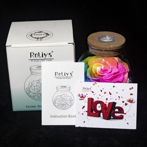 Preserved Real Roses with Colorful Mood Light Wishing Bottle,Eternal Rose，Never Withered Flowers,for Bedroom Party Table Decor, Christmas Anniversary,Valentine's,Mother's Day, (Multi) - color: Multi Color