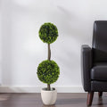 Christopher Knight Home Alene Set of 2 34''H Pre-Potted Artificial Tree Indoor, Artificial Topiary Boxwood Tree Double Ball with Pot, Faux Tree with Natural Wood Trunk with Black Plastic Pot, Green - color: Green/34''h