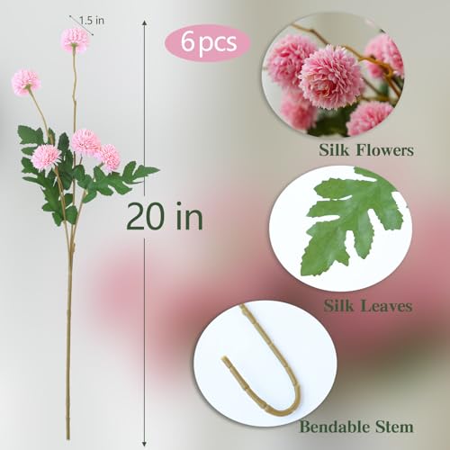 mizii 6Pcs Pink Fake Silk Pompon Mum Artificial Flowers Bulk Small Faux Chrysanthemums with Stems Realistic Floral Decorations for Wedding DIY Bouquet Centerpieces Shower Vase Home Decor (Pink) - color: Pink