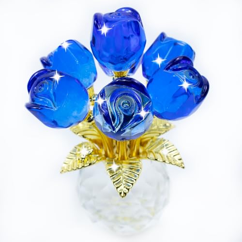 TWINKLING Crystal Roses Figurine with Round Vase, Glass Rose Crystal Flowers Bouquet, Birthday, Anniversary,Wedding, Home Décor,Gold Leaf (Blue) - color: Blue(gold Leaf)