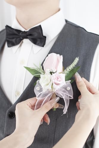 Pink Corsage and Boutonniere Set for Wedding Prom, Artificial Rose Flower Homecoming Corsage Wristlet, Boutonniere for Men Wedding Suit Decor - color: Pink