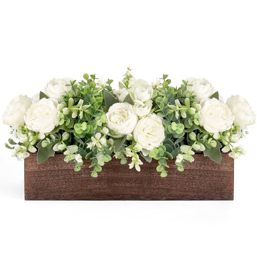 Dahey Centerpiece Table Decorations for Dining Room Farmhouse Living Room Wood Tray with 3 Artificial Flowers and 2 Eucalyptus for Kitchen Table, 14.1" x 4.7" x 3.1", White - color: White