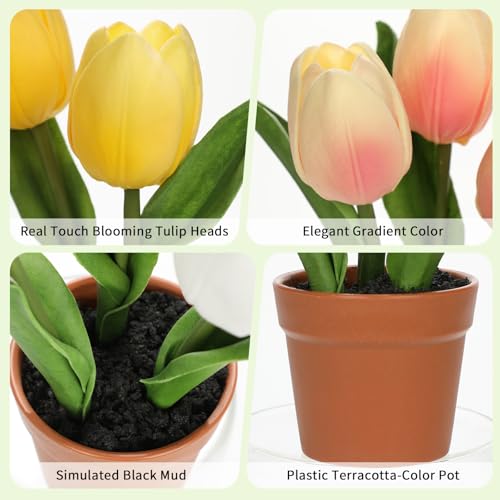 DILATATA Artificial Tulip Arrangement with Terracotta-Like Plastic Pot 8 Inch Small Tulip Centerpieces Fake Potted Tulip for Valentine's Day Table Centerpiece Wedding Home Decor - color: 4 Set Tulips in Pot