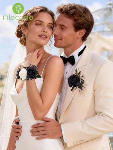 Alecono Black and White Corsage and Boutonniere Set, Corsages for Bride Bridesmaid Groom Bridegroom, Artificial Flowers for Prom Graduation Ceremony Anniversary - color: Black and White, size: Corsage and Boutonniere Set