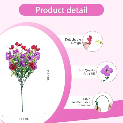 Artificial Faux Plants Flowers Outdoor Spring Summer Decoration, 12 Bundles Fake Silk Colorful Daisy Eucalyptus Realistic UV Resistant for Outside Home Planter Porch Patio Yard Decor (Red Purple) - color: Red & Purple B