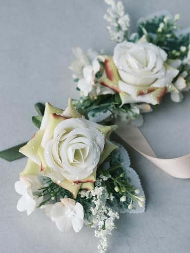 White Rose Wrist Corsage and Boutonniere Set with Ribbon Ties Wedding Prom Formal Accessories (Champagne Colored Ribbon) - color: Champagne Colored Ribbon