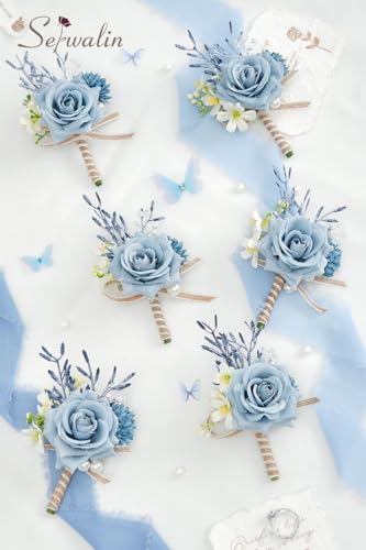 Serwalin 6PCS Boutonniere for Men,Groom and Best Man Boutonnieres for Wedding Decor Prom Anniversary Homecoming Flowers Formal Dinner Party (Blue & Dusty Blue) - color: Dusty Blue, size: Boutonniere 6pcs