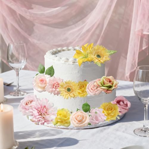rongflower Yellow Pink Artificial Flowers Combo Set Fake Flower Leaf Box with Stemst for DIY Wedding Bridal Bouquet, Centerpieces, Home Decor, Floral Arrangement Decor - color: Yellow Pink