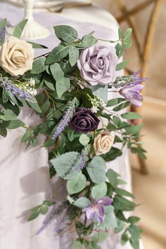 Ling's moment 9FT Eucalyptus and Willow Leaf Garland with White Flower, Handcrafted Wedding Sweetheart Table Centerpieces Head Table Decor Arch Backdrop Decorations for Wedding | Lavender Purple - color: Prpl-lavender Purple