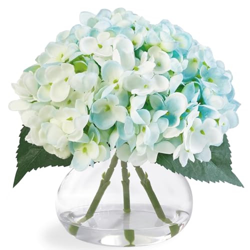 Hydrangea Artificial Flowers in Glass Vase, Blue Silk Fake Flowers Silk Centerpiece Table Decorations for Dining Room， Coffee Table Decor，Wedding, Home with Faux Water Decor（Light Blue） - color: Light Blue