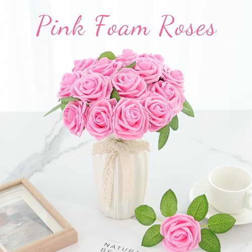 16 Pcs Fake Dark Pink Roses Artificial Flowers | Pink Foam Roses with Stems, Artificial Flowers for DIY Wedding Bouquets, Centerpieces, Party, Home Decor - color: Dark Pink