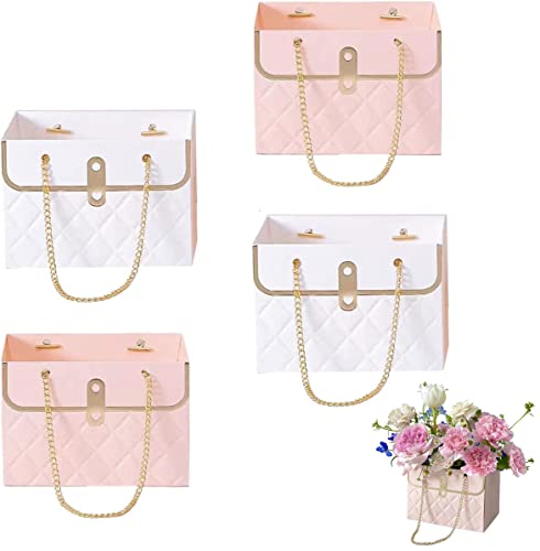 NADUSEP 4 PCS Flower Paper Gift Box, Bouquet Storage Bucket Florist Handbag with Metal Chain, Gift Craft Wrap Bag for Wedding Party Valentine's Day Birthday Mother's Day Bridal Shower Gift Wrap Bags (White Pink) - color: Pink + White