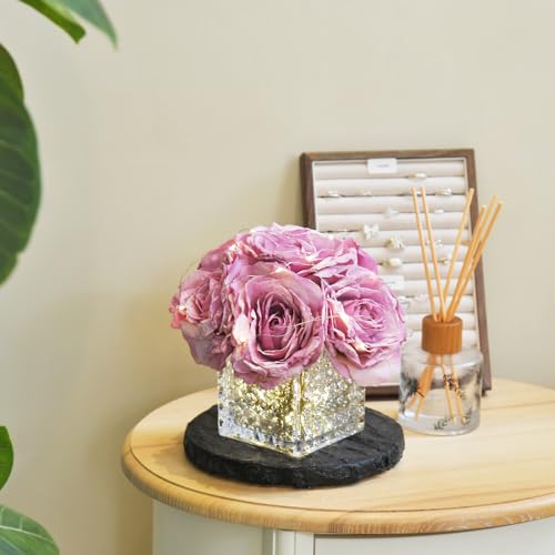 Artificial Rose in Glass Vase Vintage Silk Flower Arrangement with LED Light for Table Centerpiece Home Wedding Decoration (Purple) - color: Purple