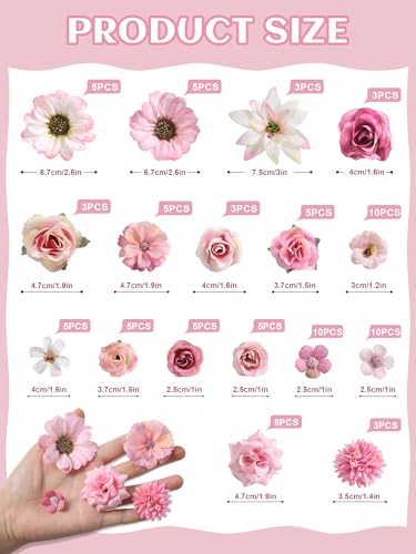 rongflower Mini Artificial Flowers for Crafts, 90 Pcs Rose Pink Silk Fake Flowers Assorted Faux Roses Peonies Daisies Bulk for Wedding Decor Graduation Cap Cake Topper Baby Shower Home DIY - color: Rose Pink