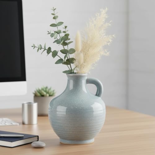 Sunddo Blue Ceramic Vases for Home Decor, 6 Inch Modern Decorative Vase with Handle, Small Flower Vase for Centerpiece, Entryway Living Room Dining Table Farmhouse Office Decor - color: Light Blue - 6, size: 6 Inch